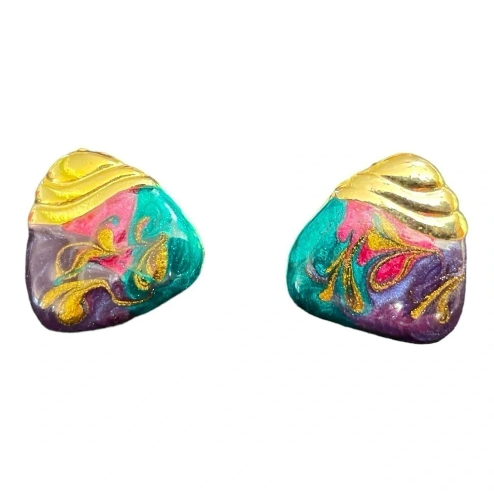 VTG 80’s Multi Colored Modernist gold tone Chunky Retro Clip on Earrings 1